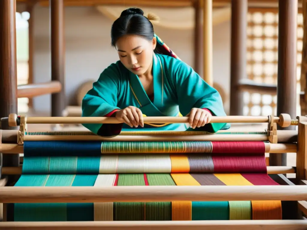 Un artesano textil mongol teje meticulosamente un patrón tradicional en un telar de madera rodeado de hilos de colores