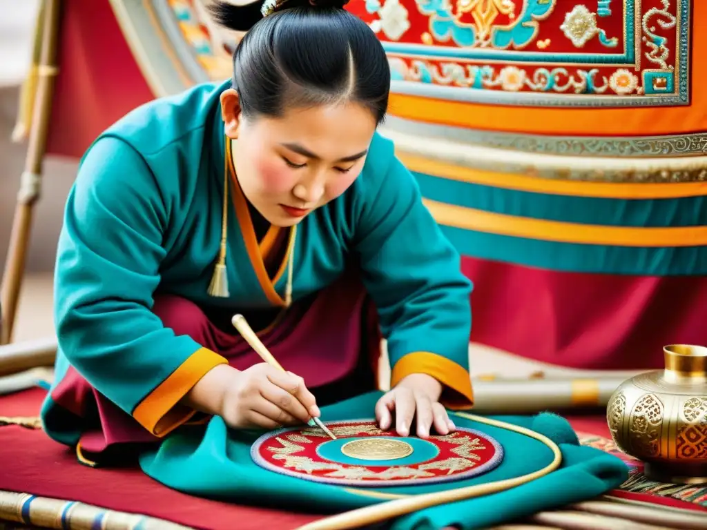 Un artesano tradicional mongol crea una obra detallada y ornamental, rodeado de textiles vibrantes y patrones intrincados
