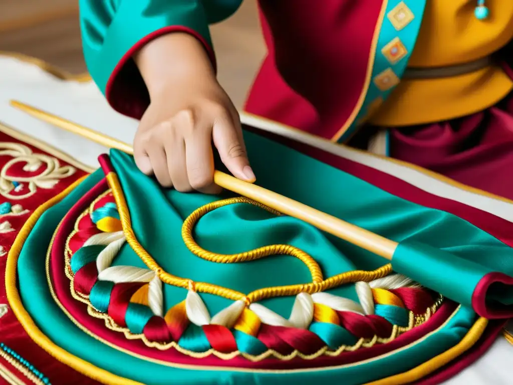 Artesanos de Mongolia creando un Deel tradicional con intrincados detalles y colores vibrantes, destacando la historia y la artesanía detrás de la reinserción del Deel en las pasarelas internacionales