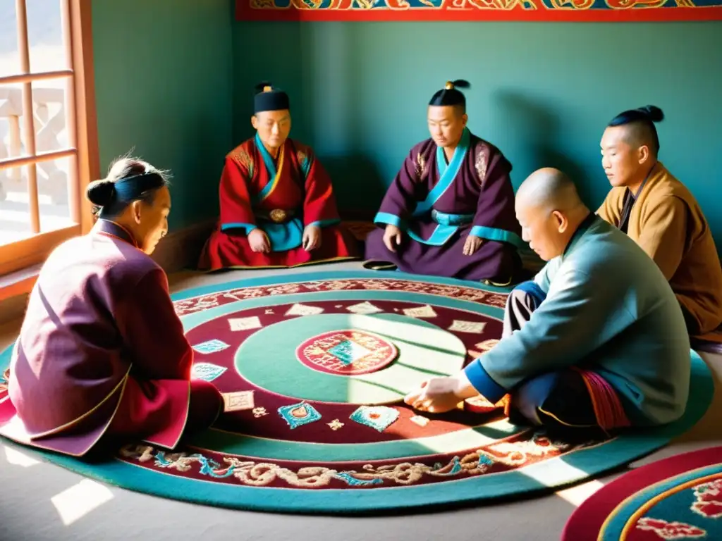 Artesanos mongolas creando tapices de lana con patrones tradicionales