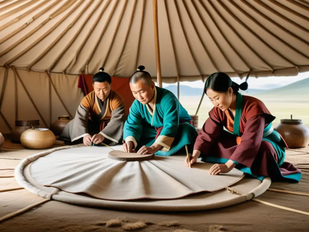 Artesanos mongolas crean yurta en la estepa, con técnicas ancestrales y paisaje impresionante