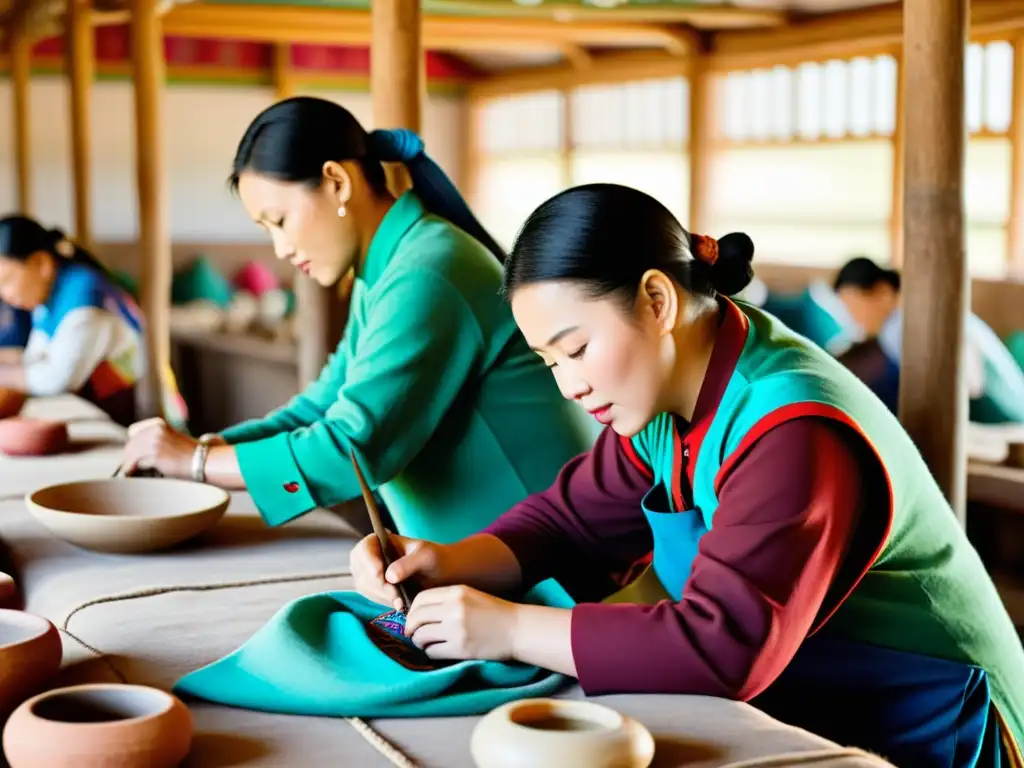 Artesanos mongolas creando textiles y cerámica, reflejando la rica tradición y creatividad de su cultura