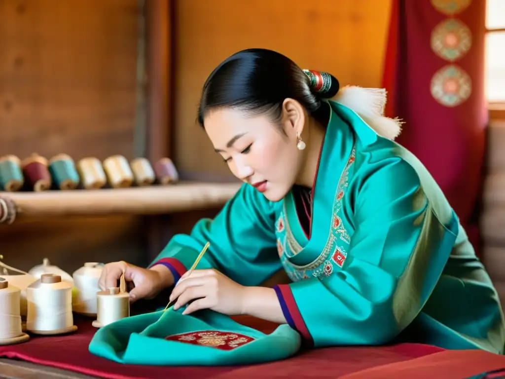 Artesanos mongolas creando vestimentas tradicionales, rodeados de hilos y telas vibrantes