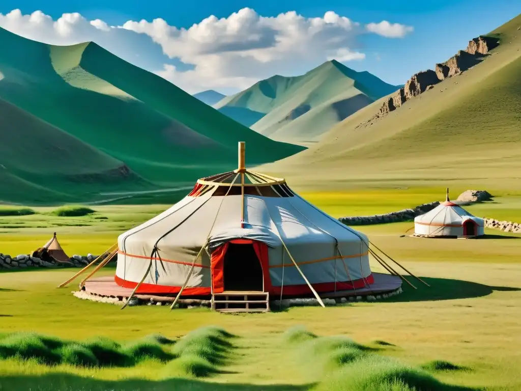 Artesanos construyendo yurta en estepas mongoles, reflejando innovación en campamentos móviles mongoles