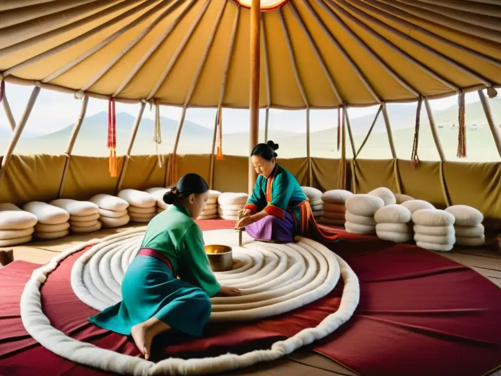 Artesanos mongoles cuidando gusanos de seda en un yurta tradicional, rodeados de rollos de seda teñida y telares