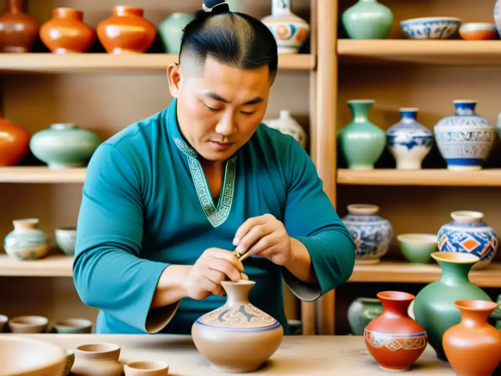 Un artista ceramista mongol da forma a una delicada vasija con intrincados diseños, reflejando la rica herencia cultural de Mongolia