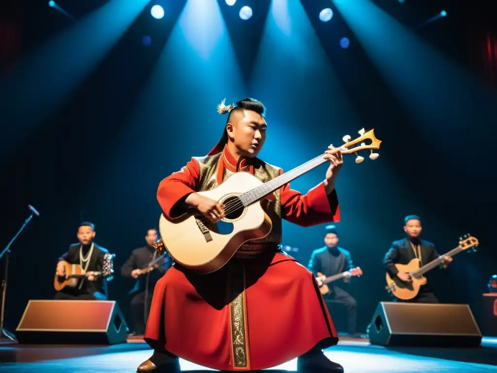 Un artista de hip hop mongol toca el Morin Khuur en un escenario, fusionando música tradicional y contemporánea mientras la multitud vibra con energía