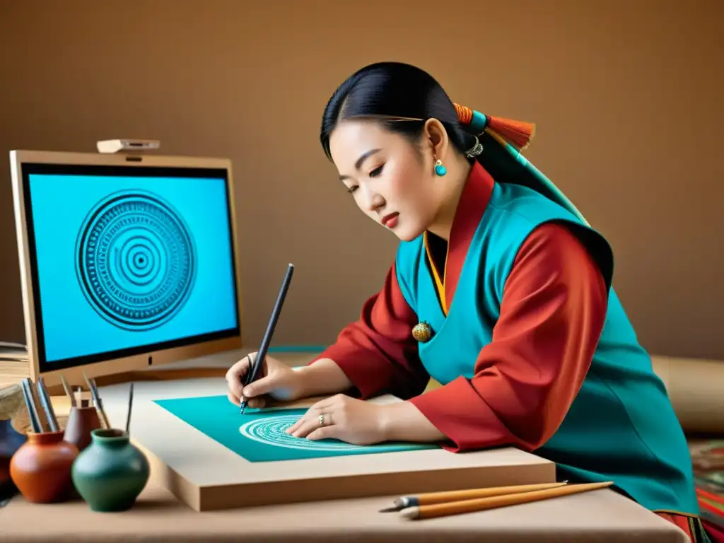 Un artista mongol revitaliza el arte con tecnología moderna, creando una obra vibrante en un estudio bien iluminado