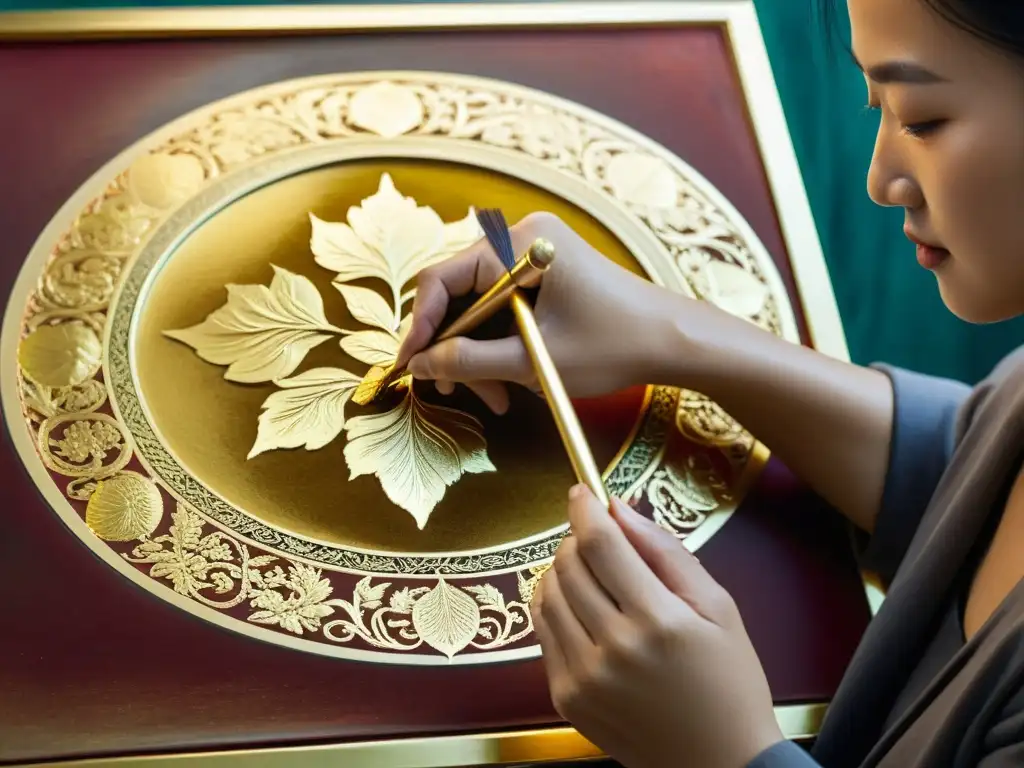 Artista mongol contemporáneo aplicando detalles en pan de oro a una pintura tradicional, fusionando técnicas modernas y tradicionales con maestría