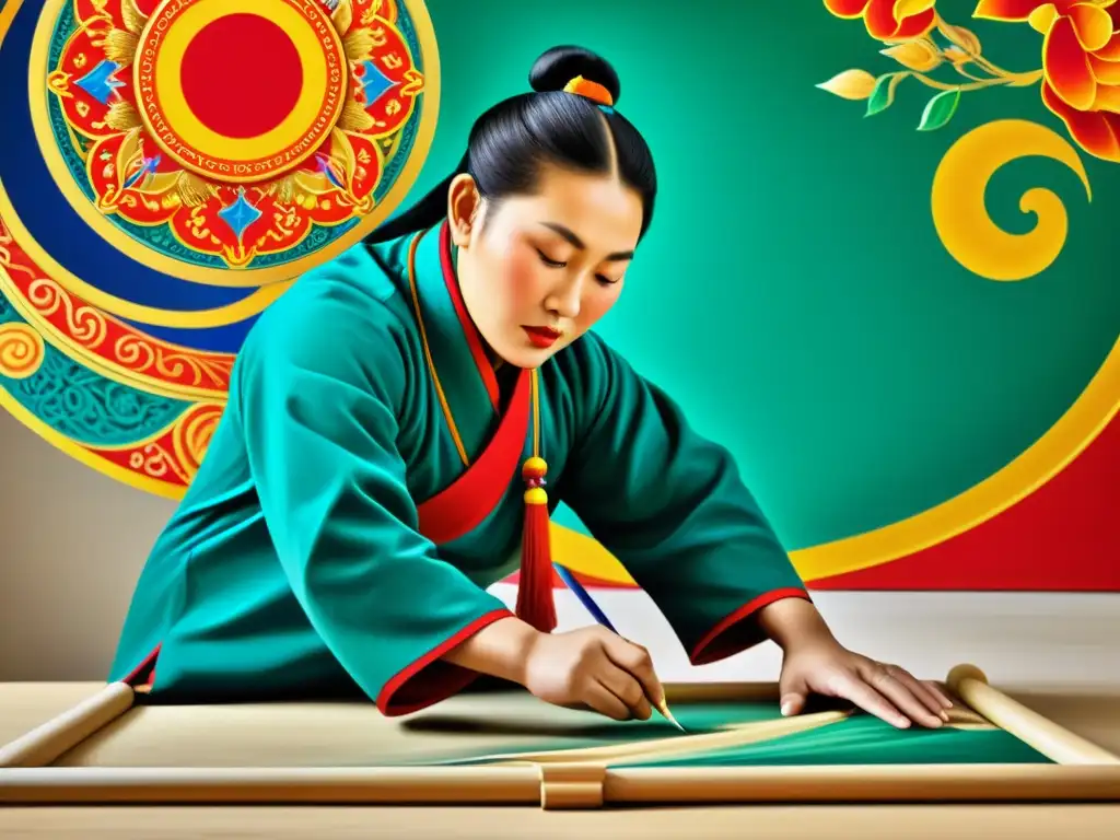 Artista mongol contemporáneo creando obra tradicional, fusionando técnicas antiguas y creatividad moderna en vibrantes colores