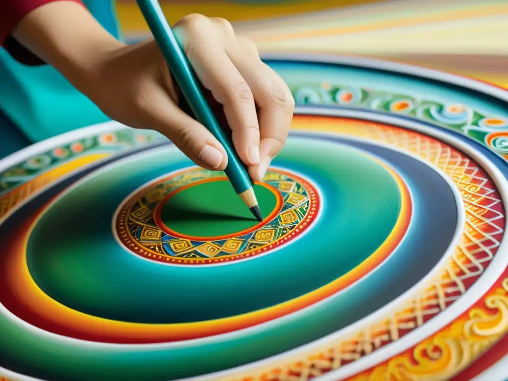 Un artista mongol contemporáneo pintando patrones tradicionales con expresión concentrada y colores vibrantes en un lienzo grande