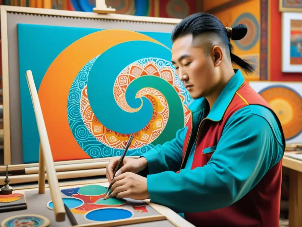 Artista mongol contemporáneo reinterpretando tradiciones con pintura detallada y colores vibrantes en lienzo grande