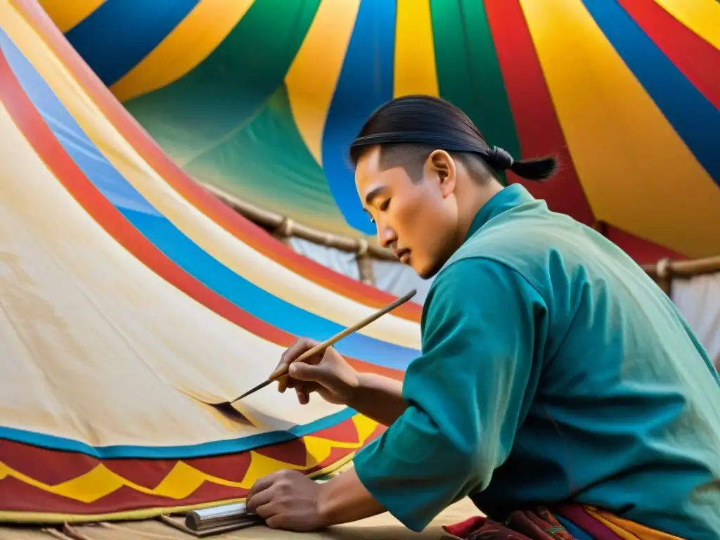 Artista mongol contemporáneo pintando una yurta tradicional, capturando la rica cultura y la historia en su obra de arte detallada