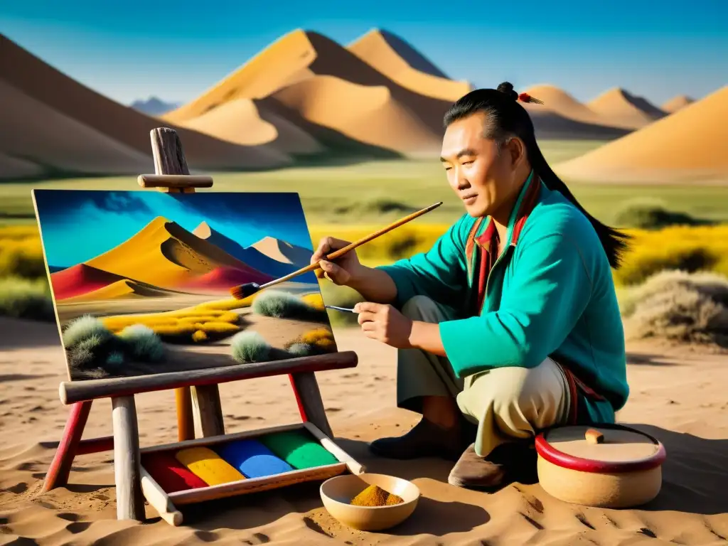 Artista mongol pintando paisaje del Desierto del Gobi, inspirado en la naturaleza, envuelto en colores vibrantes y concentrado en su obra maestra