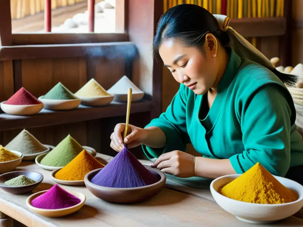 Artista mongol mezclando tintes naturales para crear vibrante paleta cromática en artesanías tradicionales, conectando con la herencia cultural