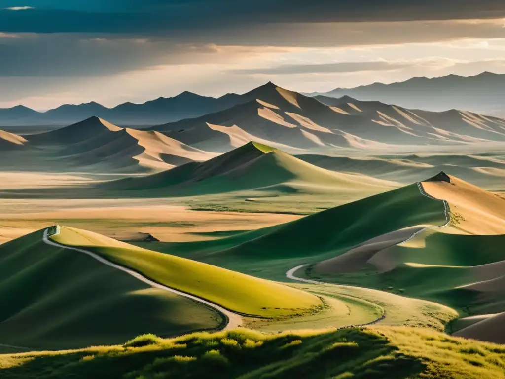 Ascenso meritocrático en ejército mongol: paisaje mongolico vasto, árido y bello, evocando la fortaleza de su pueblo