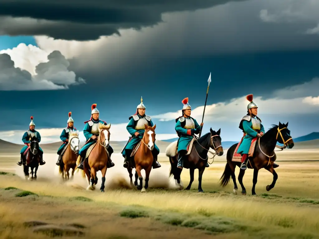 Ascenso meritocrático en ejército mongol: Soldados mongoles a caballo, vestidos con armaduras tradicionales y lanzas, cabalgan en la vasta estepa bajo un cielo dramático y nublado