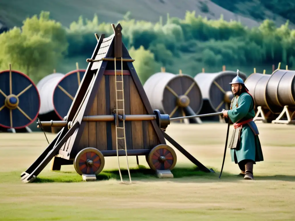 Ingeniería de asedio del Imperio Mongol: Detallada imagen de un arma de asedio mongol y un campamento de asedio históricamente preciso