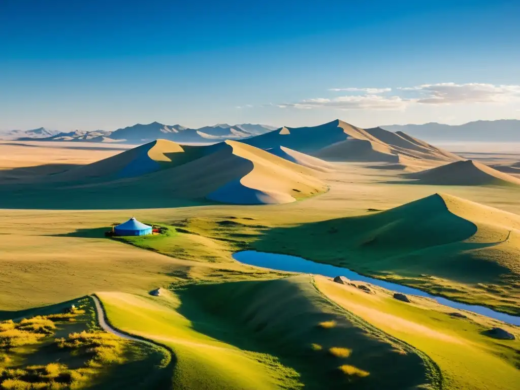 Un asombroso paisaje de la estepa mongol, con colinas, arbustos dispersos y parches de pasto