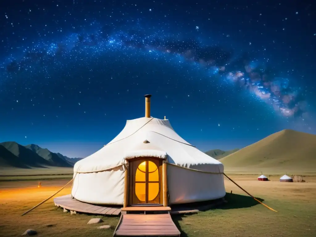 Astronomía en la cultura mongola: Una yurta tradicional mongola decorada con motivos celestiales, bajo un cielo estrellado vibrante