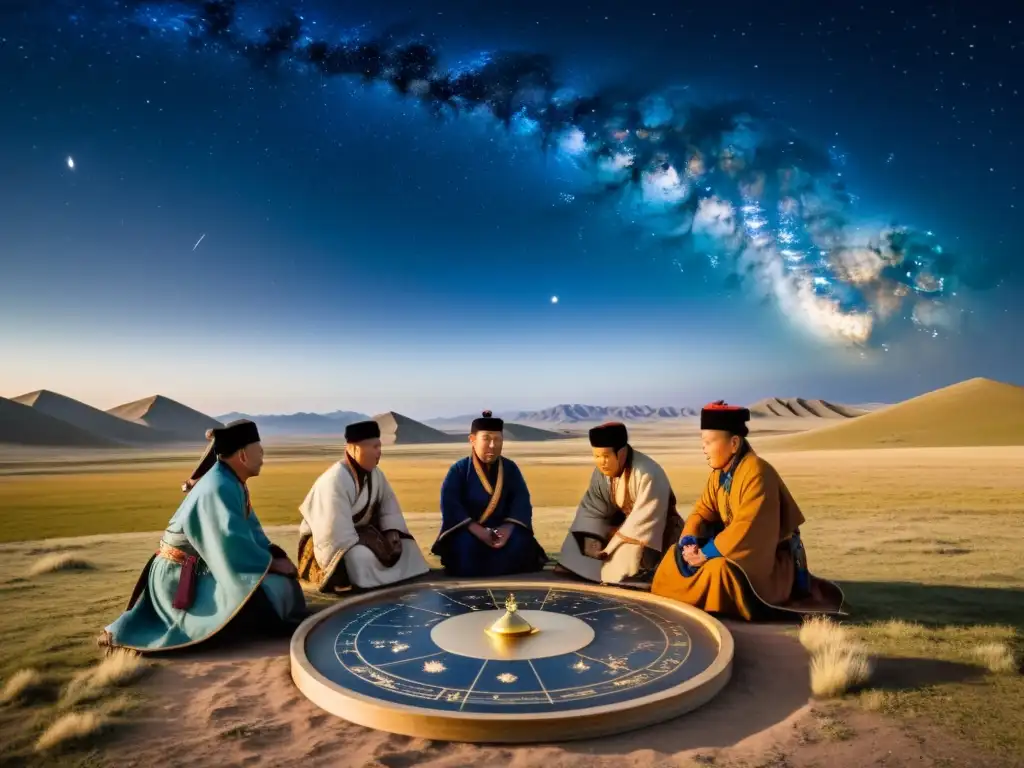 Astrónomos mongoles observan el cielo nocturno en la estepa bajo un cielo estrellado, fusionando tradición y modernidad