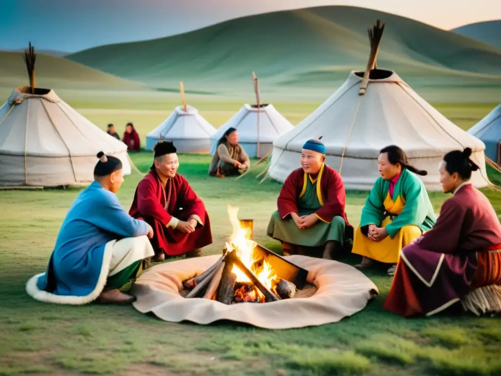 Mongolian nomads preparing traditional herbal remedies at sunset in the open steppe, con la medicina tradicional nómada mongola