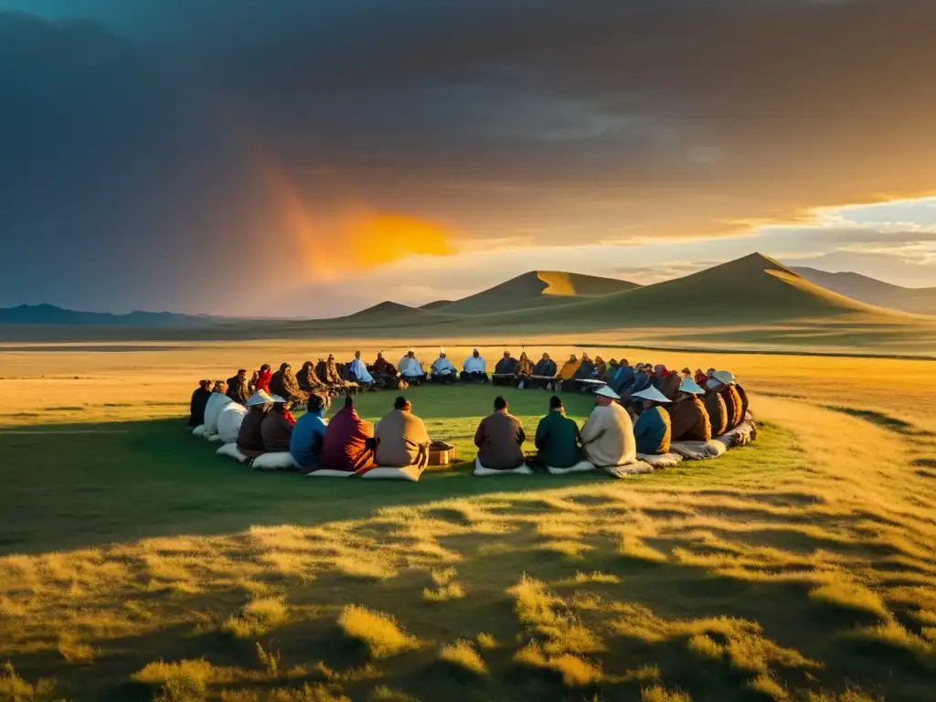 Un atardecer dorado ilumina la estepa mongola con ancianos discutiendo, reflejando el legado legal de Genghis Khan