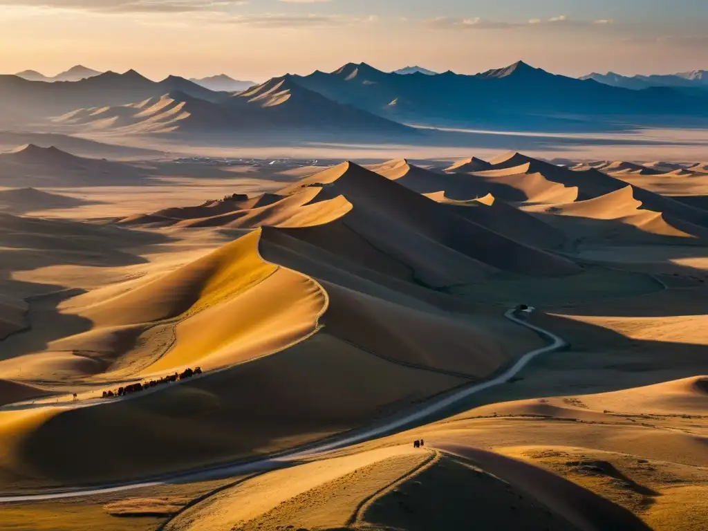 Un atardecer dorado ilumina las antiguas Rutas de la Seda bajo dominio mongol, revelando su legado eterno