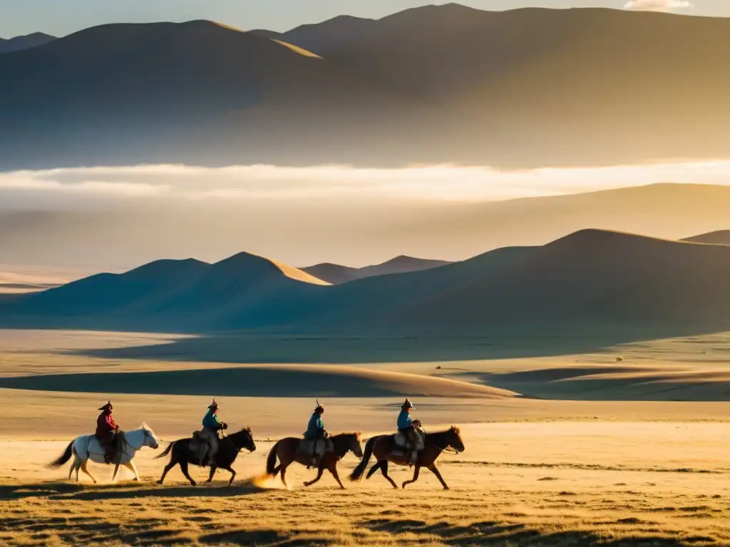 Un atardecer dorado ilumina la estepa mongola, donde pastorean yaks y caballos los nómadas