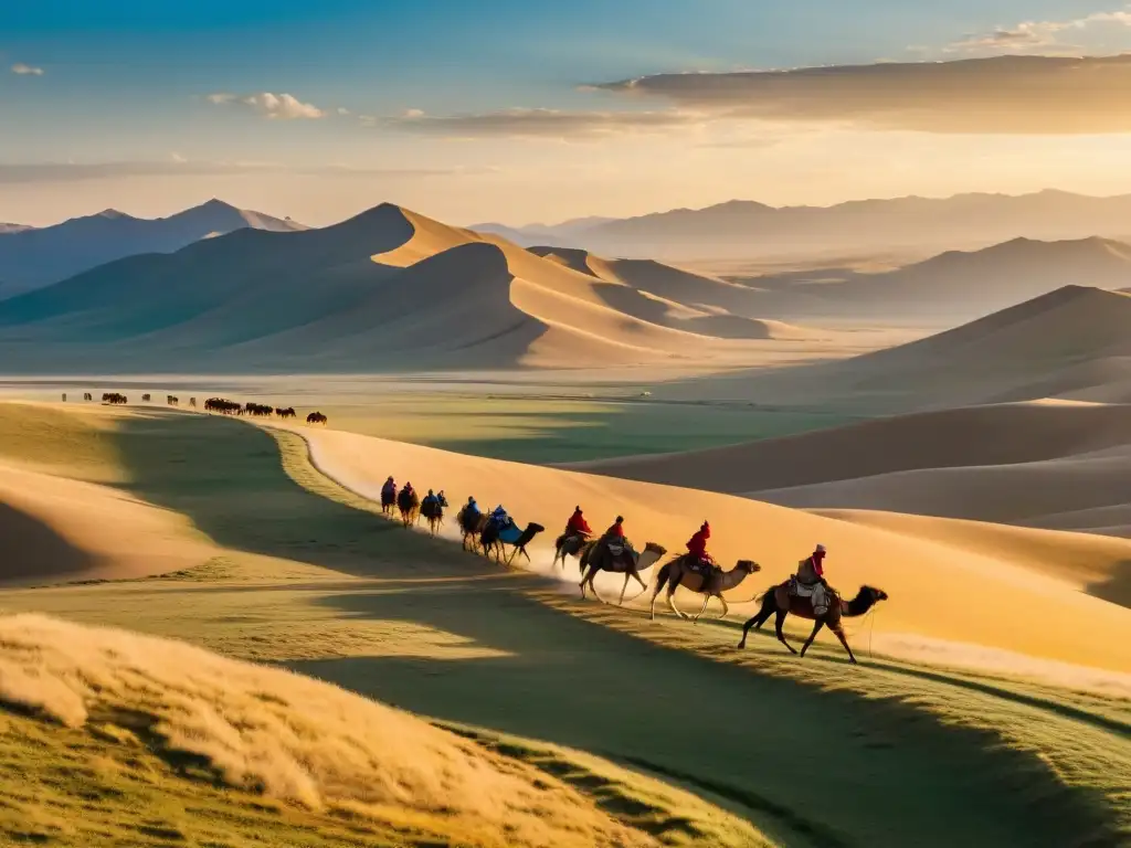 Un atardecer dorado ilumina una caravana en la vasta estepa mongola, evocando las rutas comerciales menores del Imperio Mongol