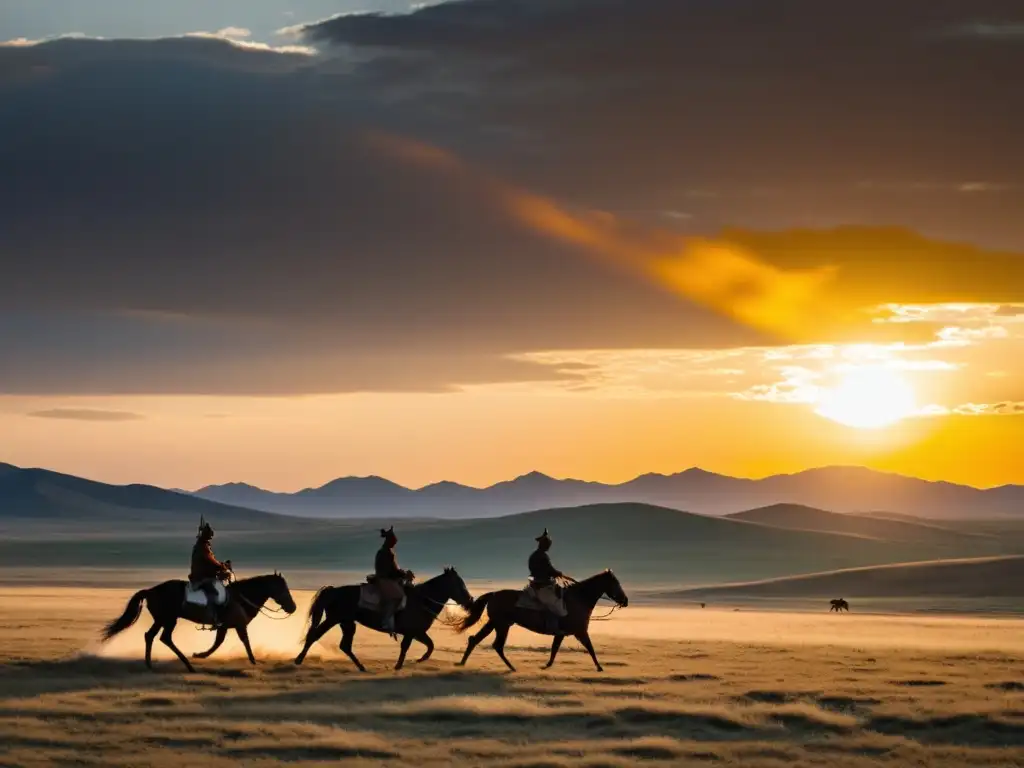 Atardecer dorado sobre estepa mongola con jinetes y yurtas