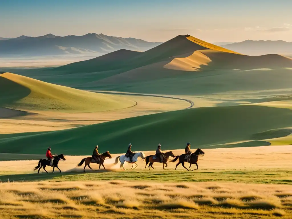 Un atardecer dorado ilumina la estepa mongol moderna con una tienda ger tradicional, jinetes y paisaje ancestral