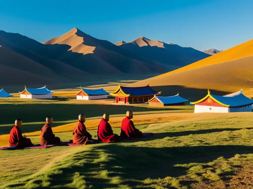 Atardecer dorado sobre el Monasterio Gandantegchinlen en Ulán Bator, con monjes y visitantes en rituales