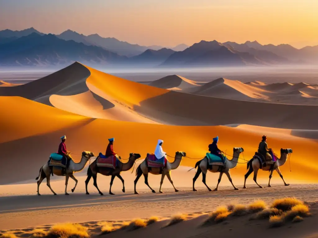 Un atardecer dorado en la Ruta de la Seda, con una caravana de camellos cargados de mercancías