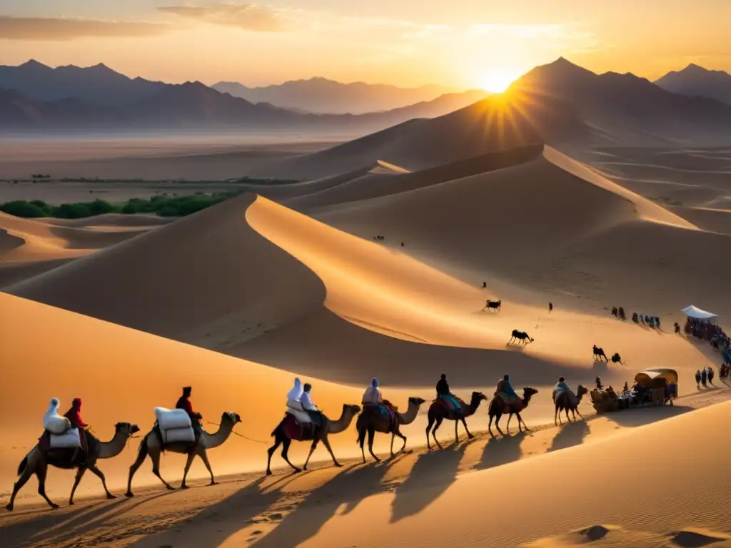 Un atardecer dorado en la Ruta de la Seda con caravanas de camellos cargados de mercancías