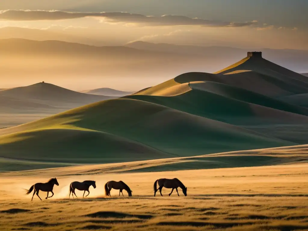 Un atardecer impresionante sobre la vasta estepa mongola, con un ger solitario en primer plano