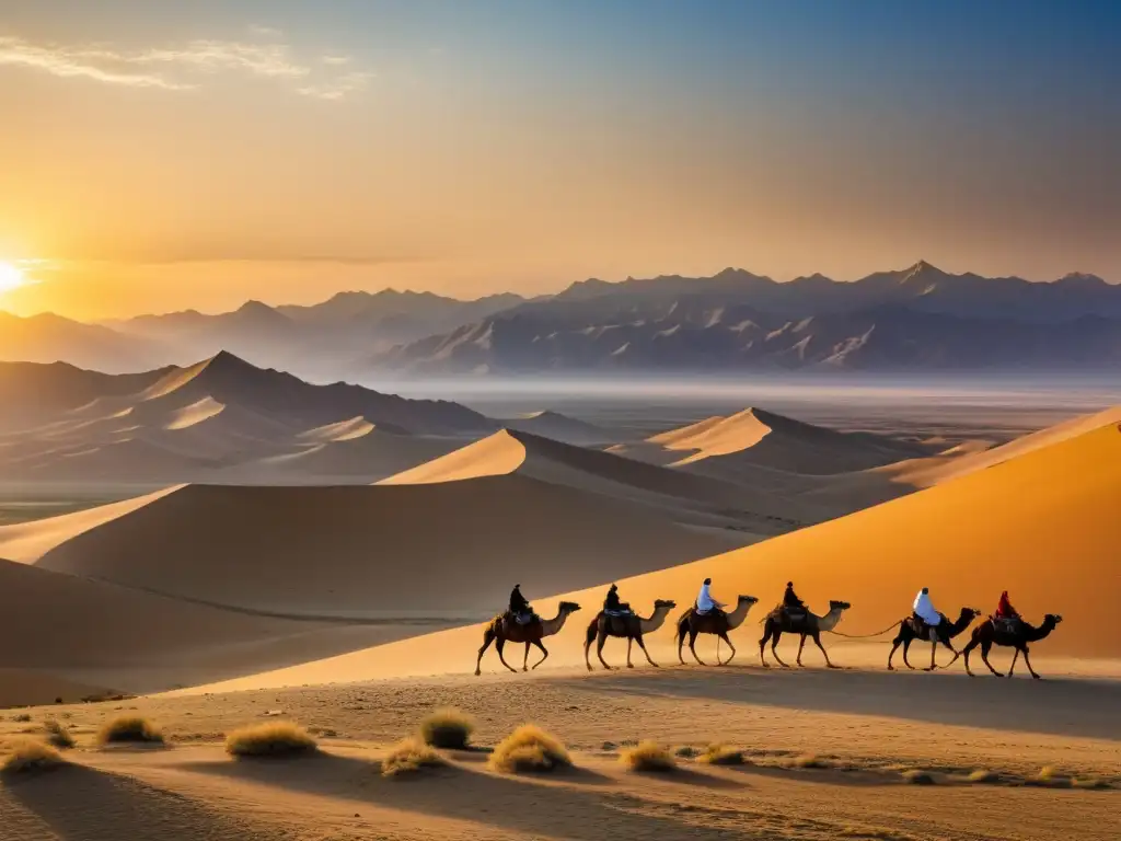 Un atardecer en la Ruta de la Seda con una caravana de camellos atravesando el desierto