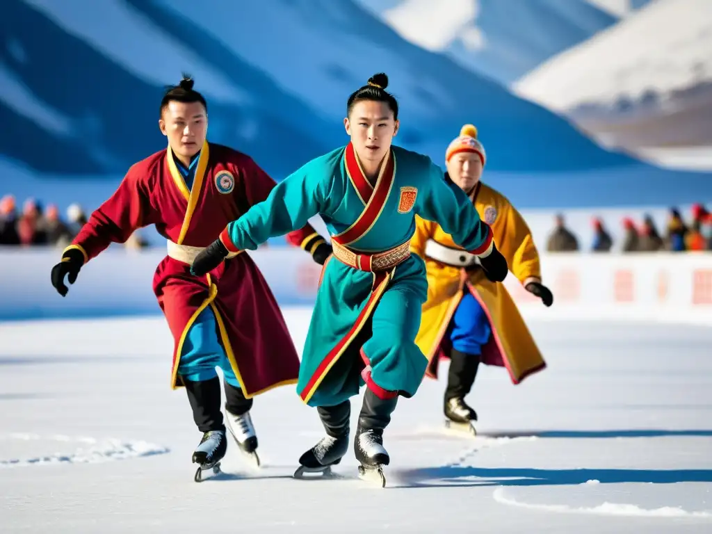 Atletas mongolas compitiendo en deportes tradicionales en Mongolia sobre un lago congelado rodeado de montañas nevadas