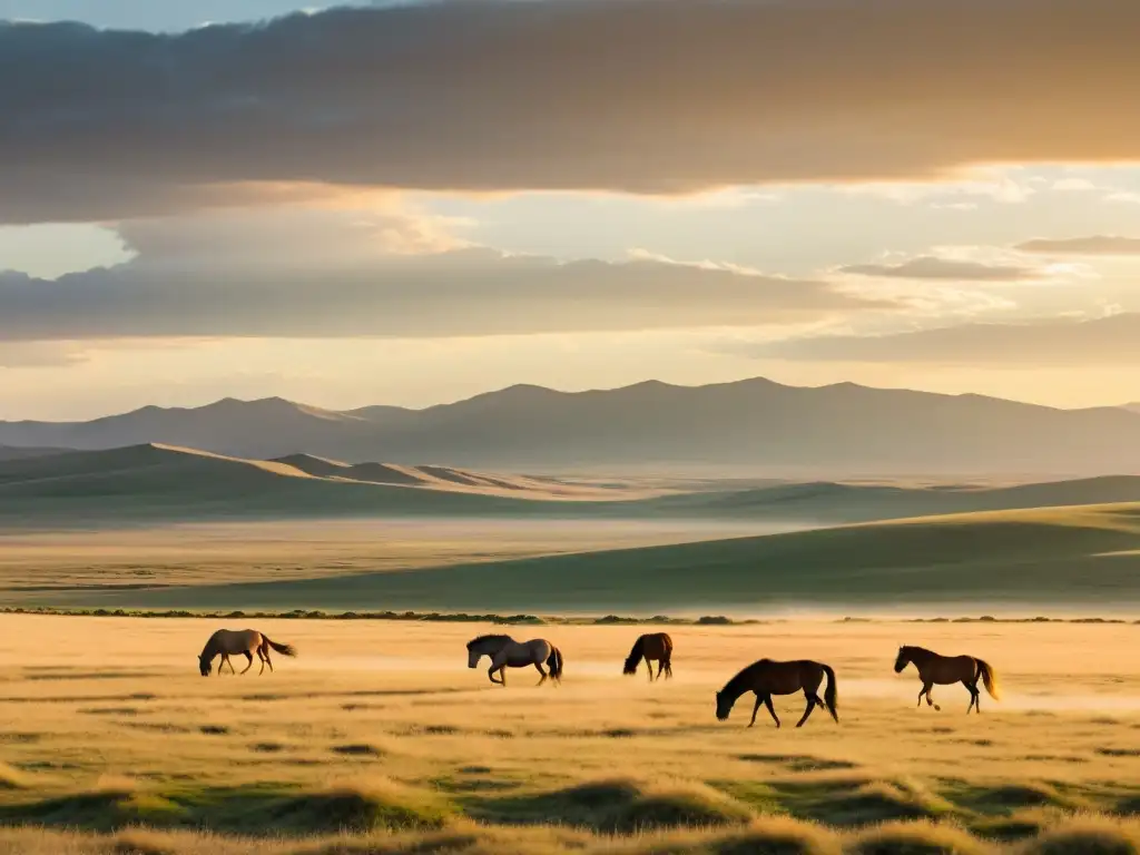 Atmósfera mágica en las estepas de Mongolia, donde los caballos salvajes pastan y un águila vuela