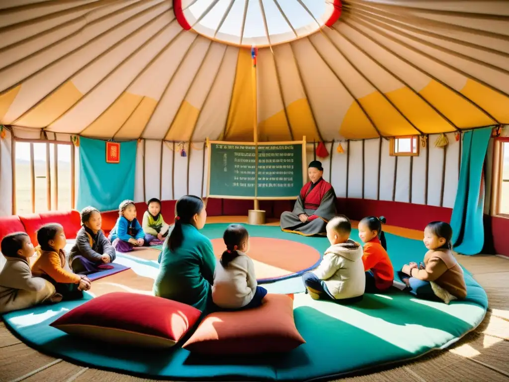 Una yurta mongola se convierte en aula con niños participando en una lección, creando un contraste entre lo tradicional y la vasta estepa mongola