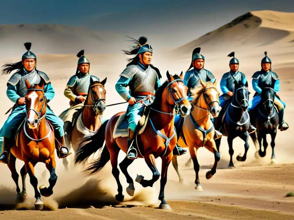 Avance de la armada de Genghis Khan en la expansión territorial del Imperio Mongol, con guerreros a caballo y paisaje desértico