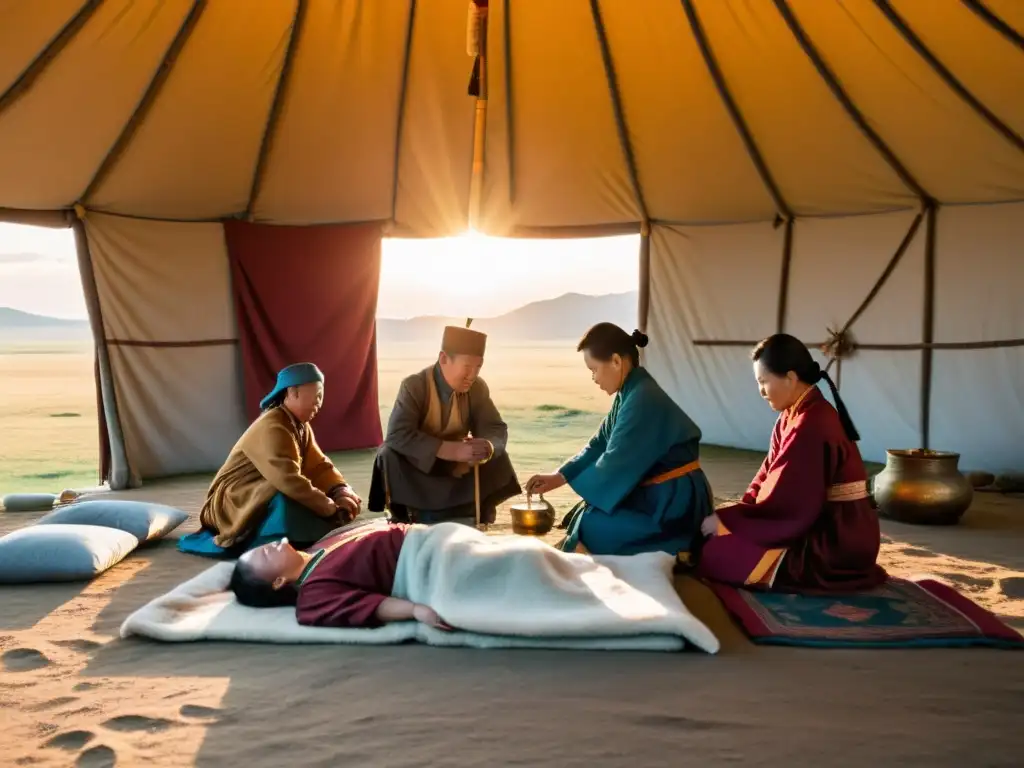 Avances médicos sociedad mongola: Doctores nómadas atienden pacientes en yurtas tradicionales en la estepa al atardecer, combinando técnicas ancestrales y herramientas modernas