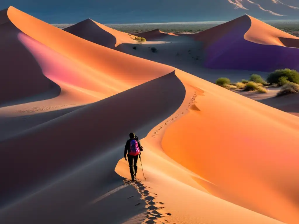 Avances mongoles en desierto expansivo: un paisaje desolado de dunas doradas bajo un cielo multicolor, con una figura solitaria en camello