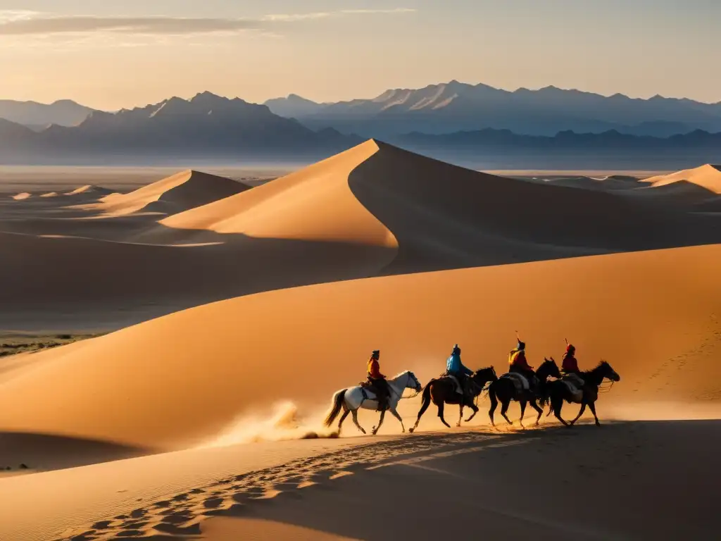 Avances mongoles en desierto expansivo: grupo nómada a caballo entre dunas doradas al atardecer