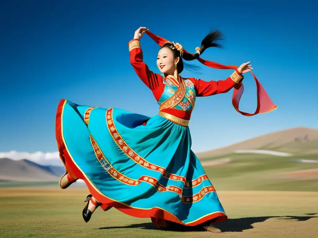 Un bailarín mongol tradicional con traje vibrante, saltando graciosamente en las estepas, capturando la evolución música danza mongola