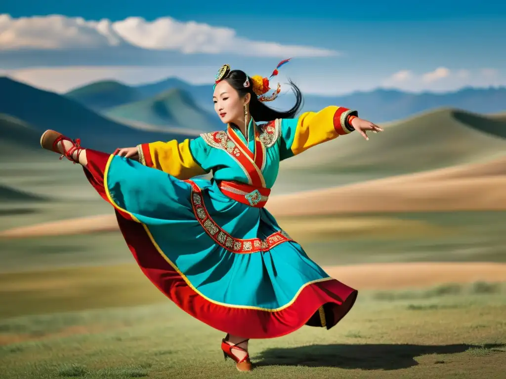 Un bailarín mongol en traje tradicional danza con pasión en la estepa, mostrando el arte mongol interpretaciones culturales danza