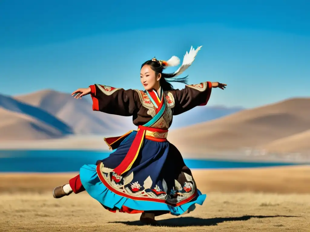 Una bailarina mongol realiza la danza del águila con traje tradicional y paisaje de Mongolia