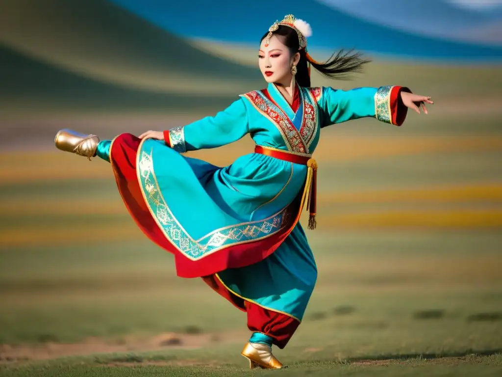 Una bailarina mongola en traje tradicional danza con gracia en la estepa, capturando la esencia del arte mongol interpretaciones culturales danza