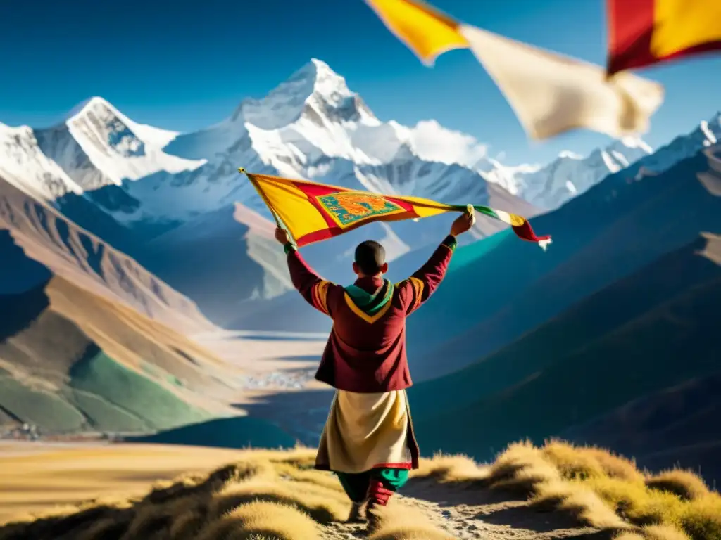 Una bandera de oración tibetana ondeando en el viento con los Himalayas nevados al fondo, capturando la presencia mongola en el Tíbet