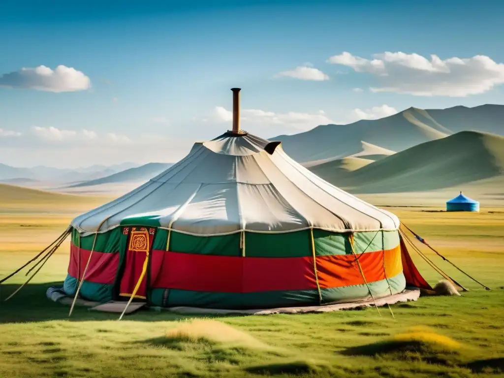 Yurta tradicional mongola con banderas de oración y rituales religiosos en la estepa, reflejando la espiritualidad y unificación del imperio mongol